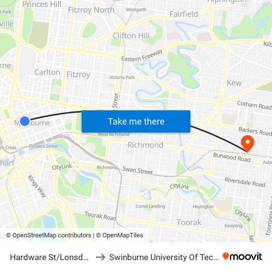 Hardware St/Lonsdale St (Melbourne City) to Swinburne University Of Technology (Hawthorn Campus) map