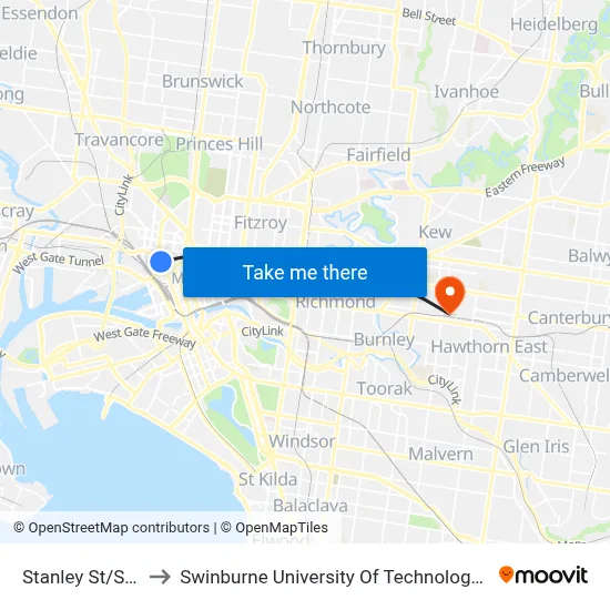Stanley St/Spencer St to Swinburne University Of Technology (Hawthorn Campus) map