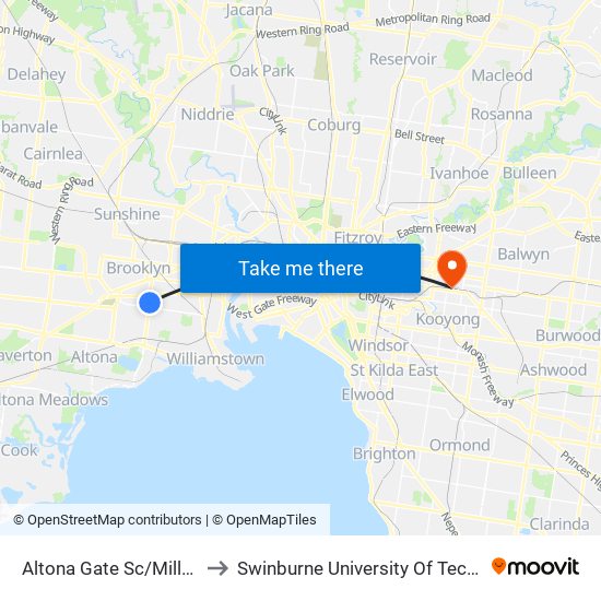 Altona Gate Sc/Millers Rd (Altona North) to Swinburne University Of Technology (Hawthorn Campus) map