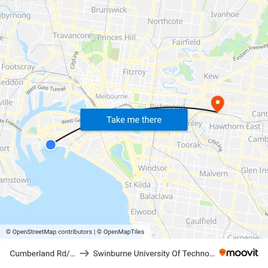 Cumberland Rd/The Boulevard to Swinburne University Of Technology (Hawthorn Campus) map