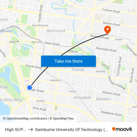 High St/Punt Rd to Swinburne University Of Technology (Hawthorn Campus) map