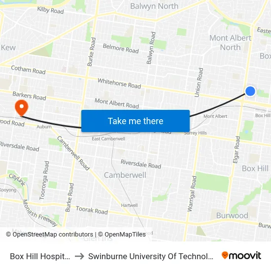 Box Hill Hospital/Arnold St to Swinburne University Of Technology (Hawthorn Campus) map