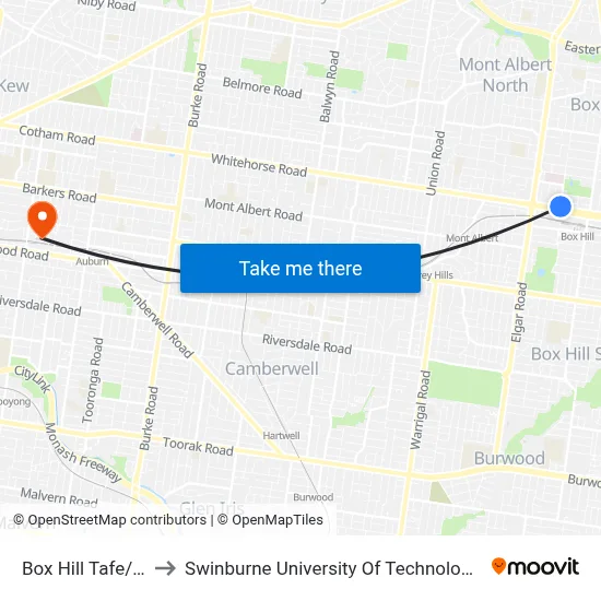 Box Hill Tafe/Nelson Rd to Swinburne University Of Technology (Hawthorn Campus) map