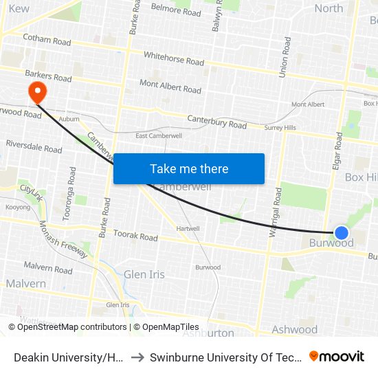 Deakin University/Holland Ave (Burwood) to Swinburne University Of Technology (Hawthorn Campus) map