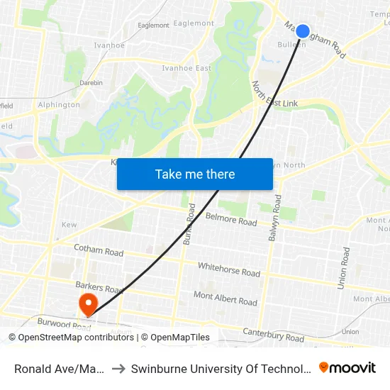 Ronald Ave/Manningham Rd to Swinburne University Of Technology (Hawthorn Campus) map