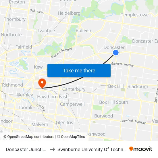 Doncaster Junction/Doncaster Rd to Swinburne University Of Technology (Hawthorn Campus) map