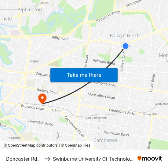Doncaster Rd/Balwyn Rd to Swinburne University Of Technology (Hawthorn Campus) map