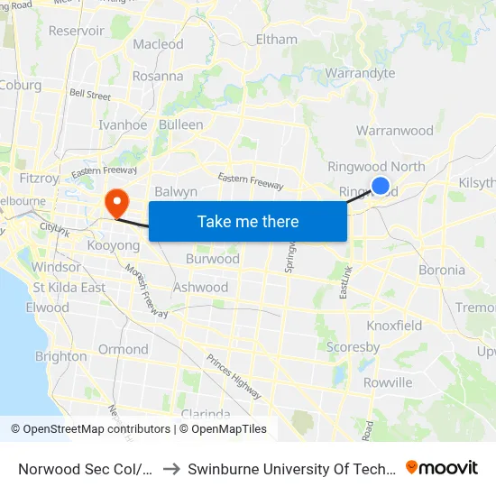 Norwood Sec Col/Mullum Mullum Rd to Swinburne University Of Technology (Hawthorn Campus) map