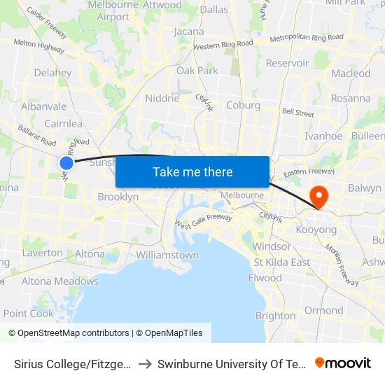 Sirius College/Fitzgerald Rd (Sunshine West) to Swinburne University Of Technology (Hawthorn Campus) map