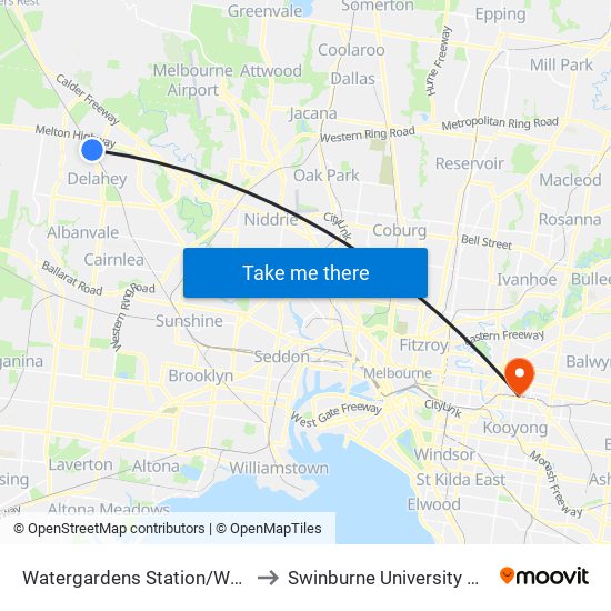 Watergardens Station/Watergardens Circuit Rd (Taylors Lakes) to Swinburne University Of Technology (Hawthorn Campus) map