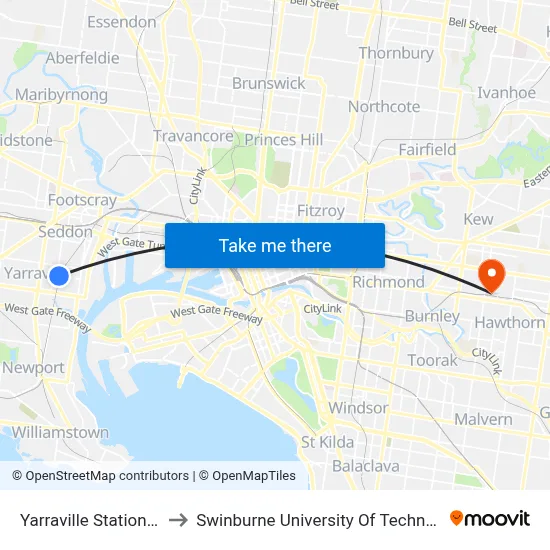 Yarraville Station/Birmingham St to Swinburne University Of Technology (Hawthorn Campus) map