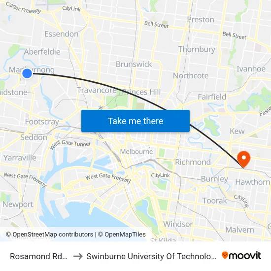 Rosamond Rd/Raleigh Rd to Swinburne University Of Technology (Hawthorn Campus) map