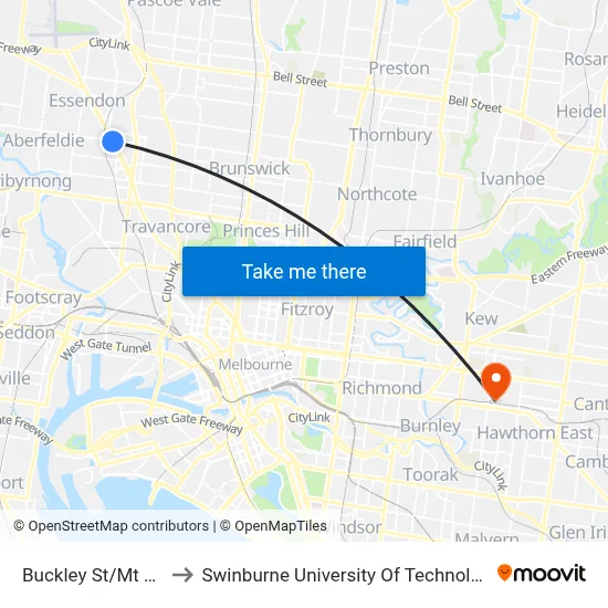 Buckley St/Mt Alexander Rd to Swinburne University Of Technology (Hawthorn Campus) map