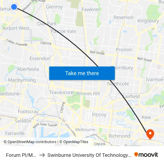 Forum Pl/Melrose Dr to Swinburne University Of Technology (Hawthorn Campus) map