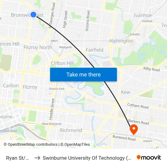 Ryan St/Blyth St to Swinburne University Of Technology (Hawthorn Campus) map