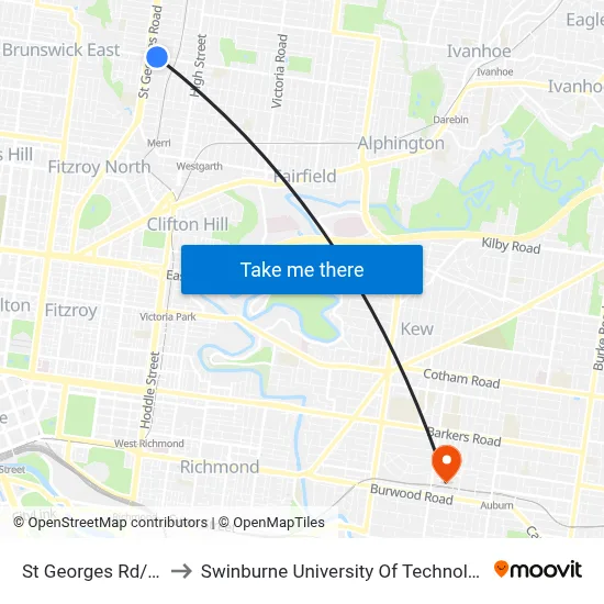 St Georges Rd/Arthurton Rd to Swinburne University Of Technology (Hawthorn Campus) map