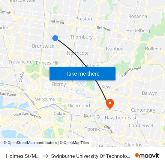 Holmes St/Moreland Rd to Swinburne University Of Technology (Hawthorn Campus) map