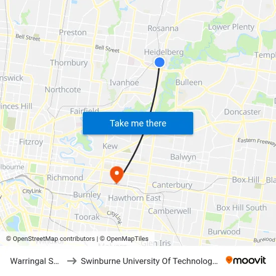 Warringal Sc/Cape St to Swinburne University Of Technology (Hawthorn Campus) map