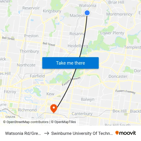 Watsonia Rd/Greensborough Hwy to Swinburne University Of Technology (Hawthorn Campus) map