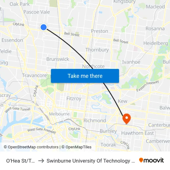 O'Hea St/Turner St to Swinburne University Of Technology (Hawthorn Campus) map