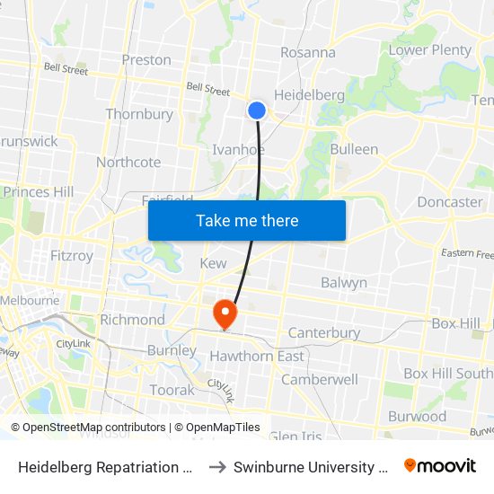 Heidelberg Repatriation Hospital/Edwin St (Heidelberg Heights) to Swinburne University Of Technology (Hawthorn Campus) map