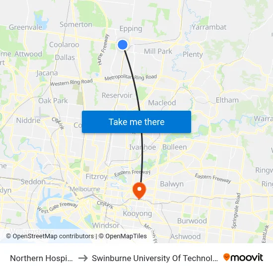 Northern Hospital/Cooper St to Swinburne University Of Technology (Hawthorn Campus) map
