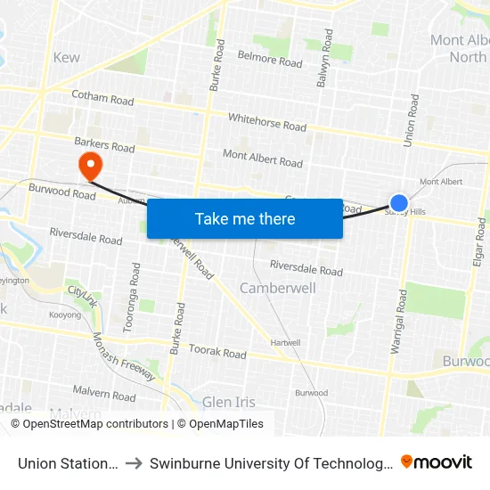Union Station/Union Rd to Swinburne University Of Technology (Hawthorn Campus) map