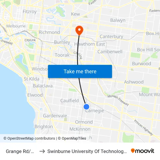 Grange Rd/Neerim Rd to Swinburne University Of Technology (Hawthorn Campus) map