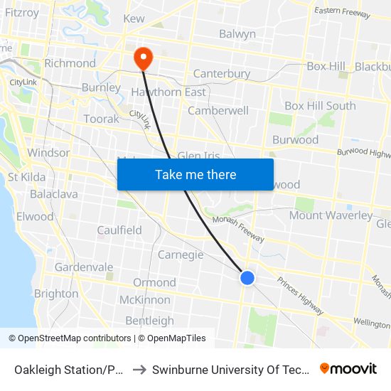 Oakleigh Station/Portman St (Oakleigh) to Swinburne University Of Technology (Hawthorn Campus) map