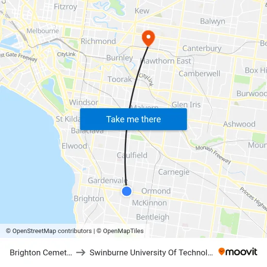 Brighton Cemetery/North Rd to Swinburne University Of Technology (Hawthorn Campus) map