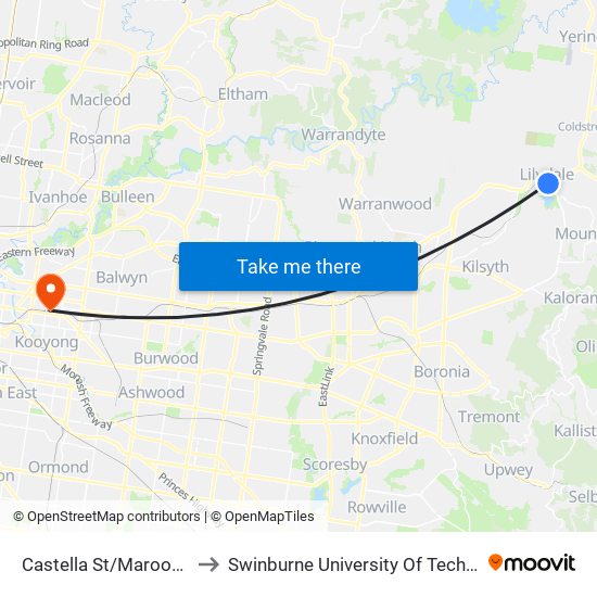 Castella St/Maroondah Hwy (Lilydale) to Swinburne University Of Technology (Hawthorn Campus) map