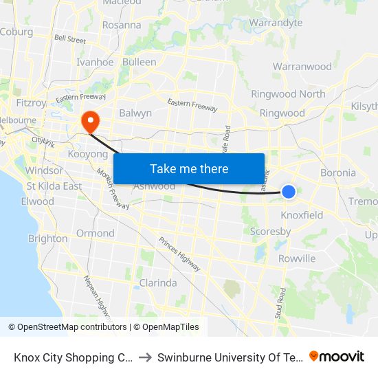 Knox City Shopping Centre/Stud Rd (Wantirna) to Swinburne University Of Technology (Hawthorn Campus) map