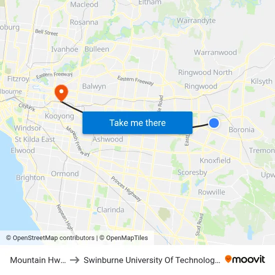 Mountain Hwy/Stud Rd to Swinburne University Of Technology (Hawthorn Campus) map