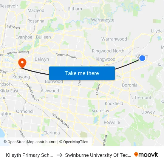 Kilsyth Primary School/Mt Dandenong Rd to Swinburne University Of Technology (Hawthorn Campus) map