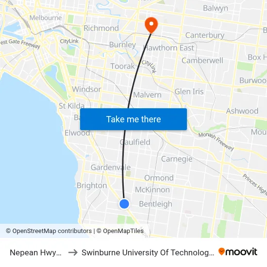 Nepean Hwy/Centre Rd to Swinburne University Of Technology (Hawthorn Campus) map