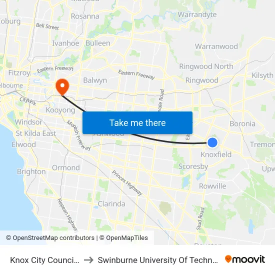 Knox City Council/Burwood Hwy to Swinburne University Of Technology (Hawthorn Campus) map
