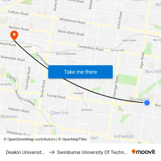 Deakin University/Burwood Hwy to Swinburne University Of Technology (Hawthorn Campus) map