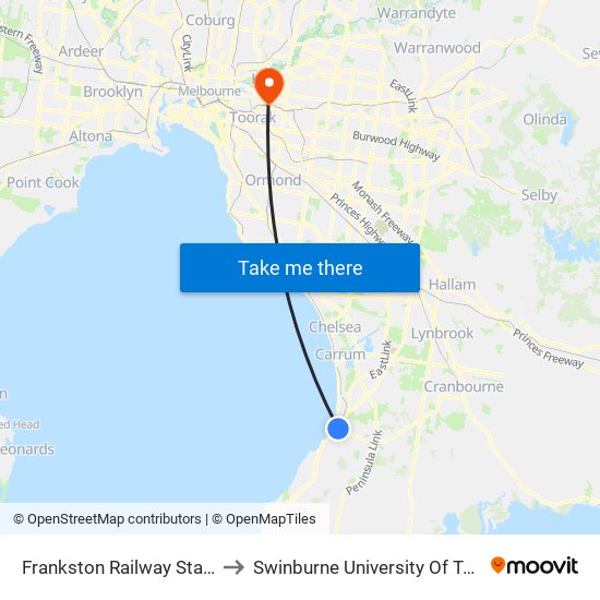 Frankston Railway Station/Young St (Frankston) to Swinburne University Of Technology (Hawthorn Campus) map