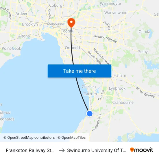 Frankston Railway Station/Young St to Swinburne University Of Technology (Hawthorn Campus) map