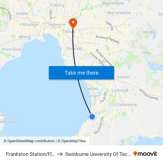 Frankston Station/Fletcher Rd (Frankston) to Swinburne University Of Technology (Hawthorn Campus) map