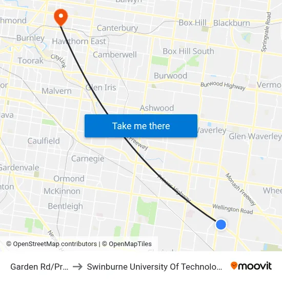 Garden Rd/Princes Hwy to Swinburne University Of Technology (Hawthorn Campus) map