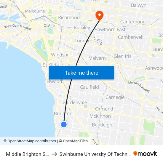 Middle Brighton Station/Church St to Swinburne University Of Technology (Hawthorn Campus) map