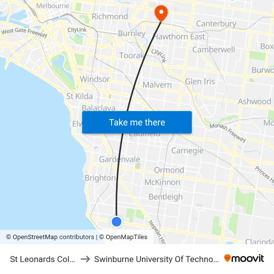 St Leonards College/South Rd to Swinburne University Of Technology (Hawthorn Campus) map