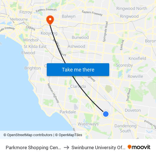 Parkmore Shopping Centre/Kingsclere Ave (Keysborough) to Swinburne University Of Technology (Hawthorn Campus) map