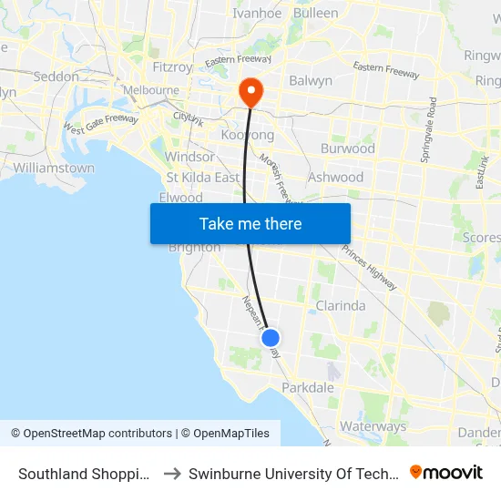 Southland Shopping Centre/Karen St to Swinburne University Of Technology (Hawthorn Campus) map