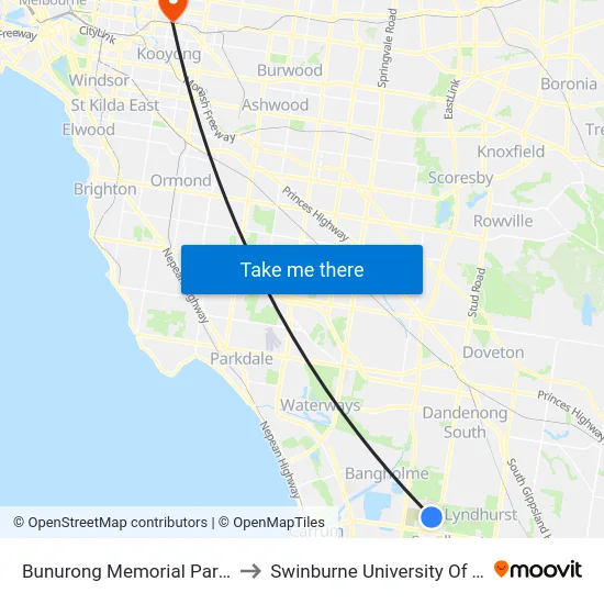 Bunurong Memorial Park/790 Frankston-Dandenong Rd to Swinburne University Of Technology (Hawthorn Campus) map