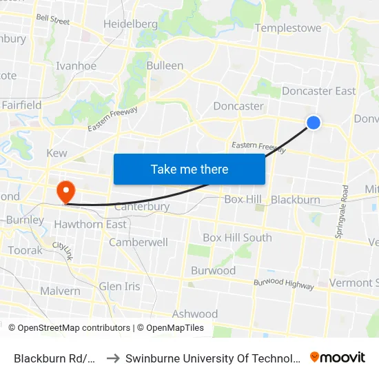 Blackburn Rd/Doncaster Rd to Swinburne University Of Technology (Hawthorn Campus) map