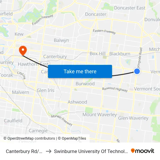 Canterbury Rd/Springvale Rd to Swinburne University Of Technology (Hawthorn Campus) map