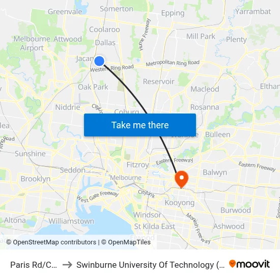 Paris Rd/Camp Rd to Swinburne University Of Technology (Hawthorn Campus) map