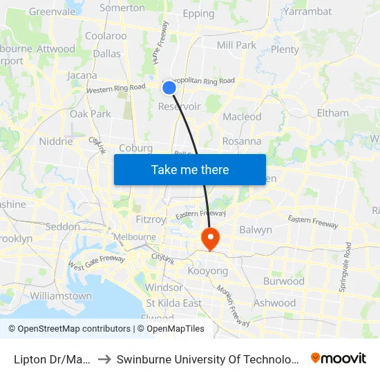 Lipton Dr/Mahoneys Rd to Swinburne University Of Technology (Hawthorn Campus) map